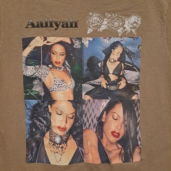 Aaliyah t-shirt singer faded beige music pop band tee shirt size M 90s Y2K retro - Picture 1 of 6
